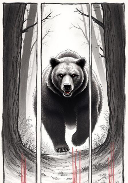 Storyboard panels showing a bear running through a forest